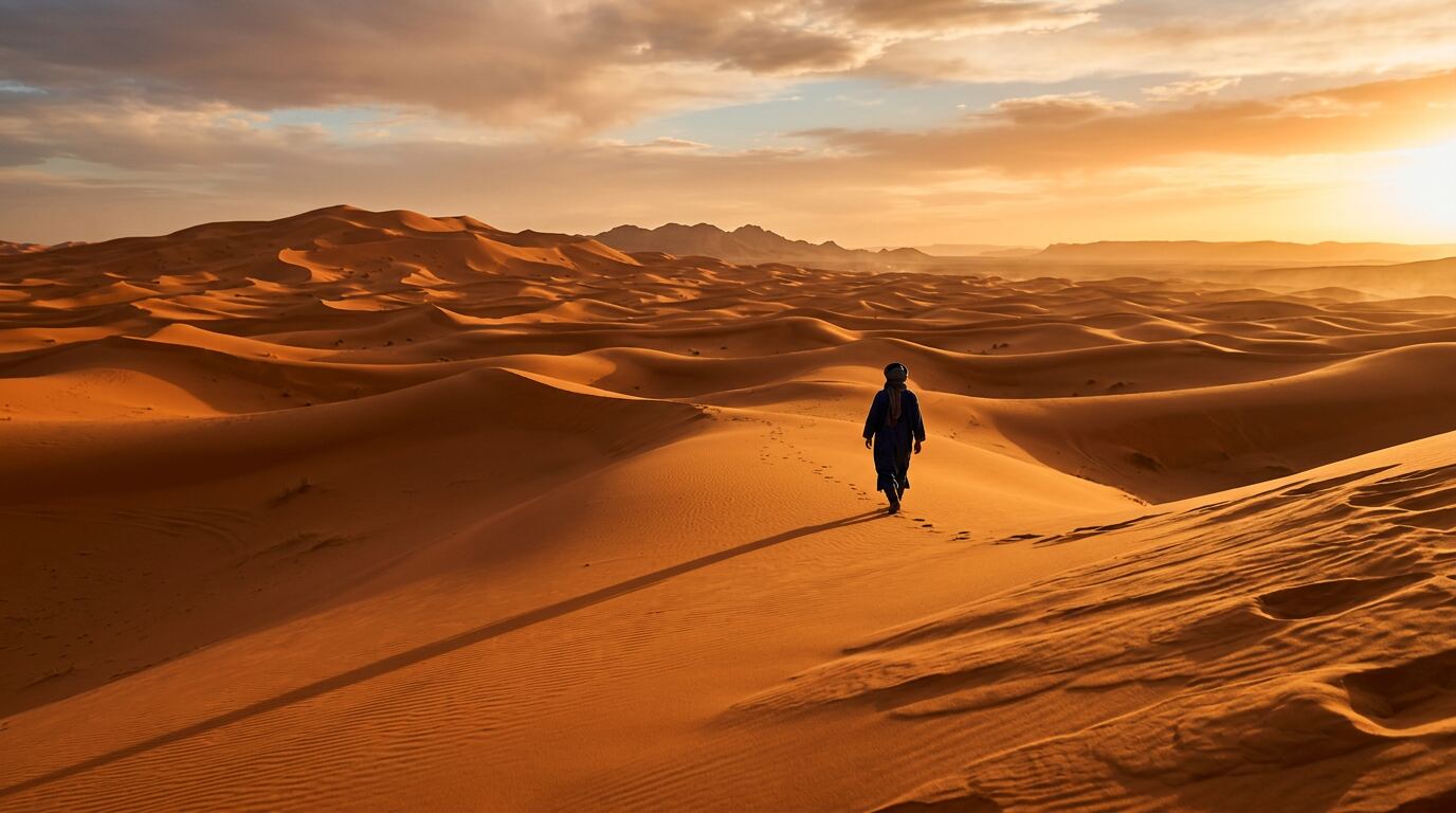 Sahara desert dunes at golden hour — Morocco Geographic cinematic expeditions